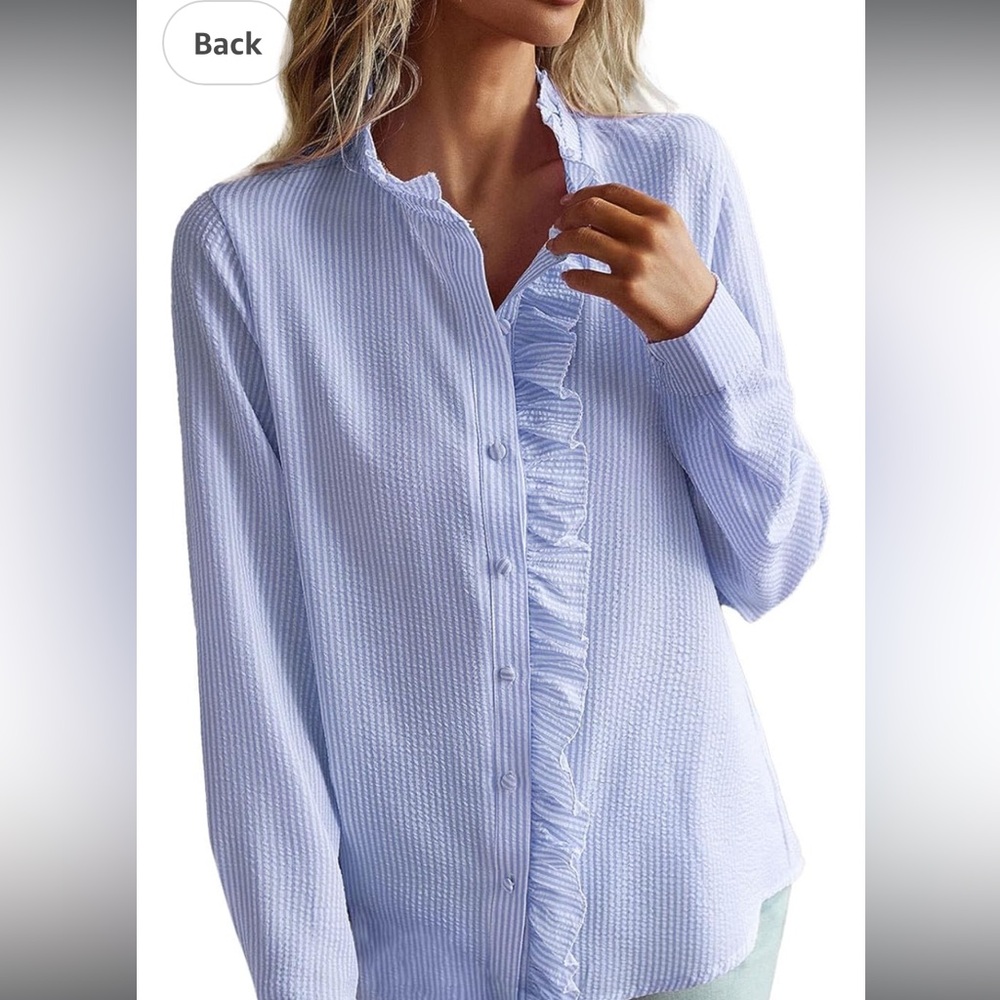 ePretty Light Blue Button Down Shirt with Ruffles - Picture 2 of 8